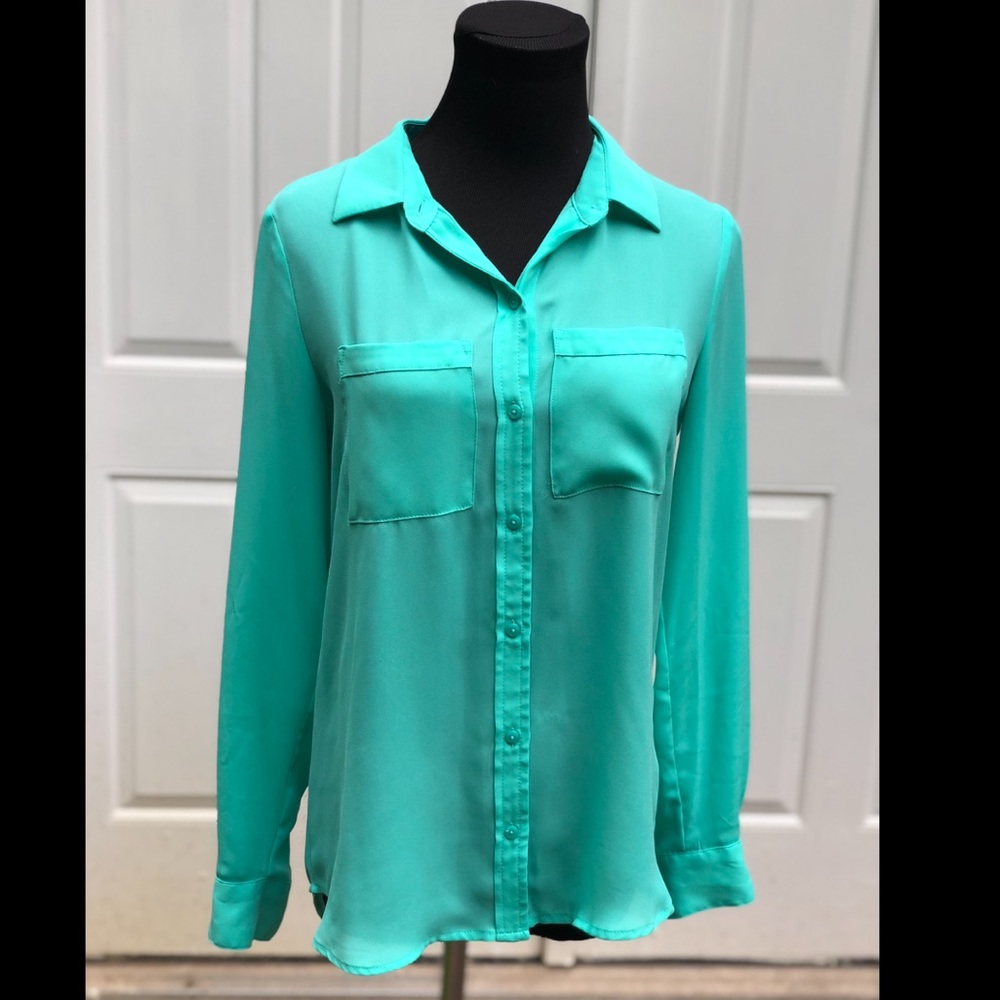Turquoise Button Down Long Sleeve Blouse